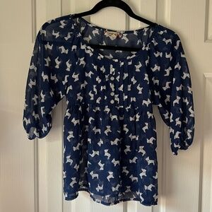 Speechless Top Womens Size L Blue Pug Print Empire Waist Blouse 3/4 Sleeve Sheer
